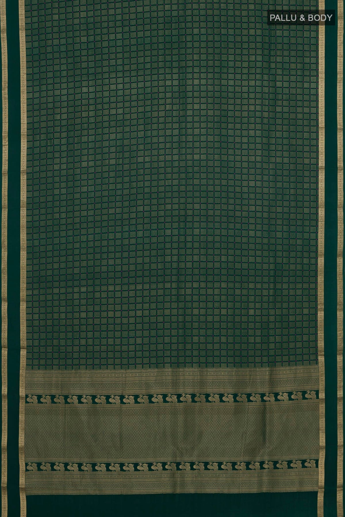 Flat view of Green Crepe Saree with Zari Brocade on the body and Zari Border. 