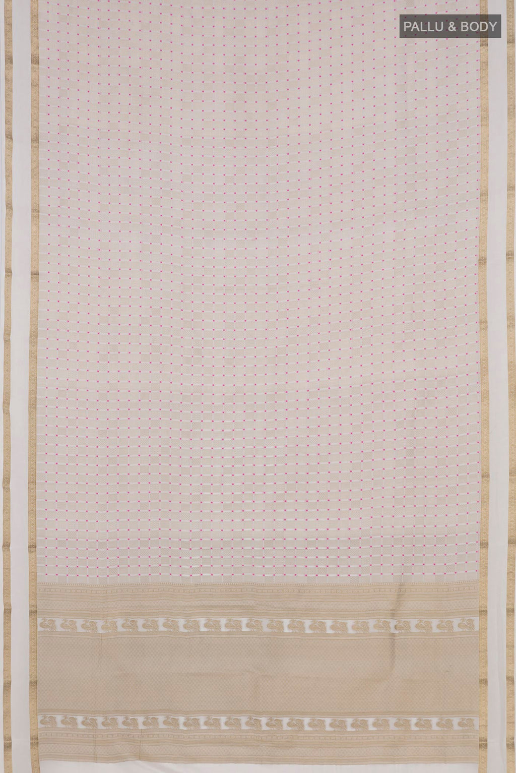 Flat view of White Crepe Saree with Zari Brocade on the body and Zari Border. 