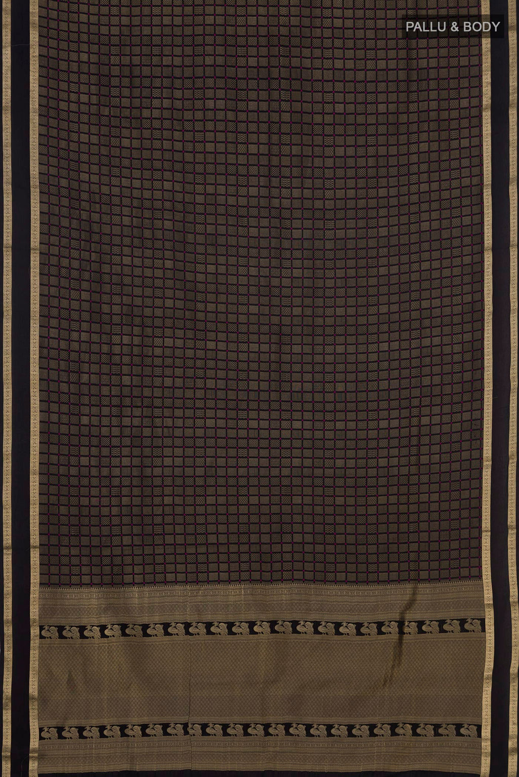Flat view of Black Crepe Saree with Zari Brocade on the body and Zari Border. 