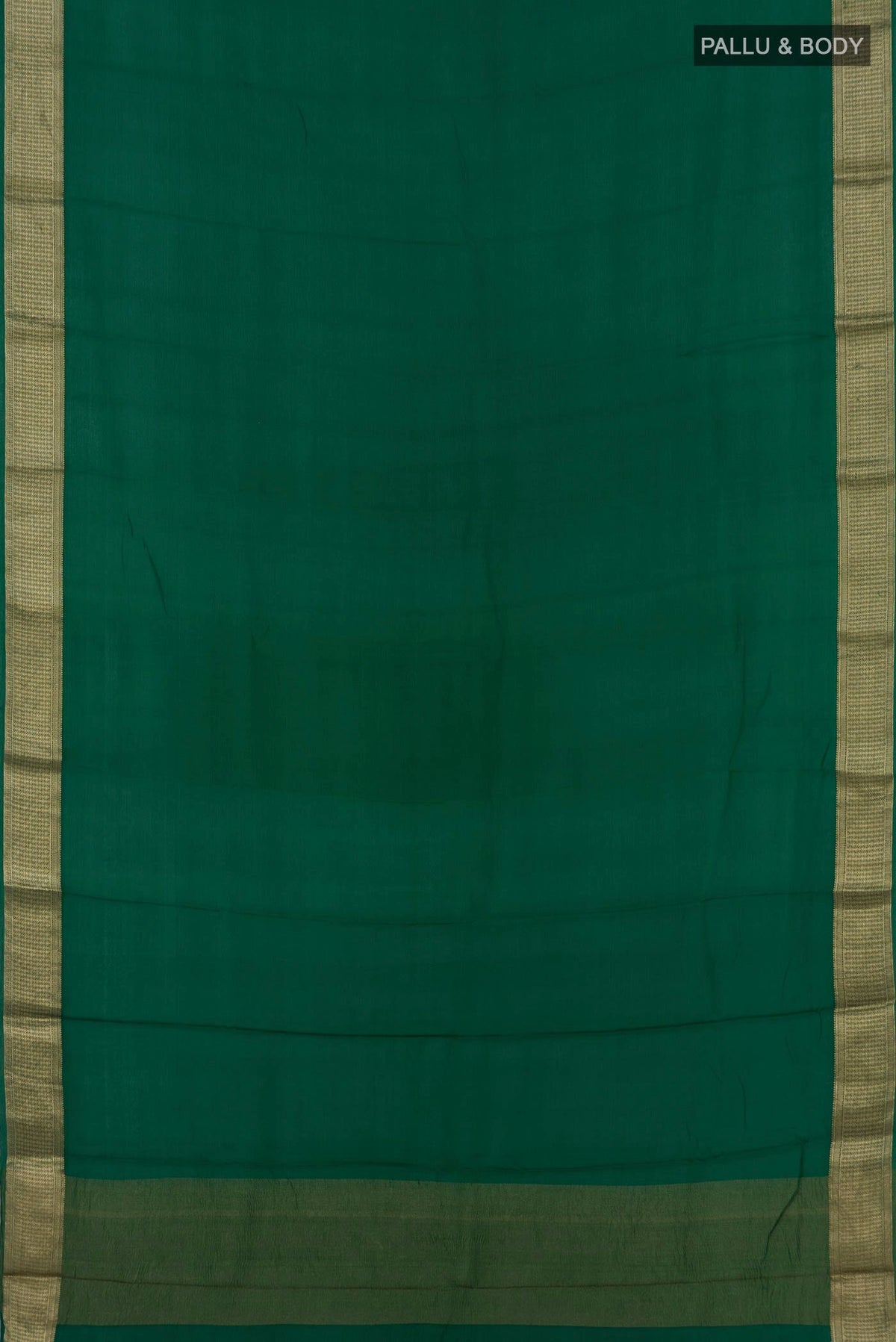 Flat view of Green Mysore Chiffon Saree with Plain Body and Zari Border. 