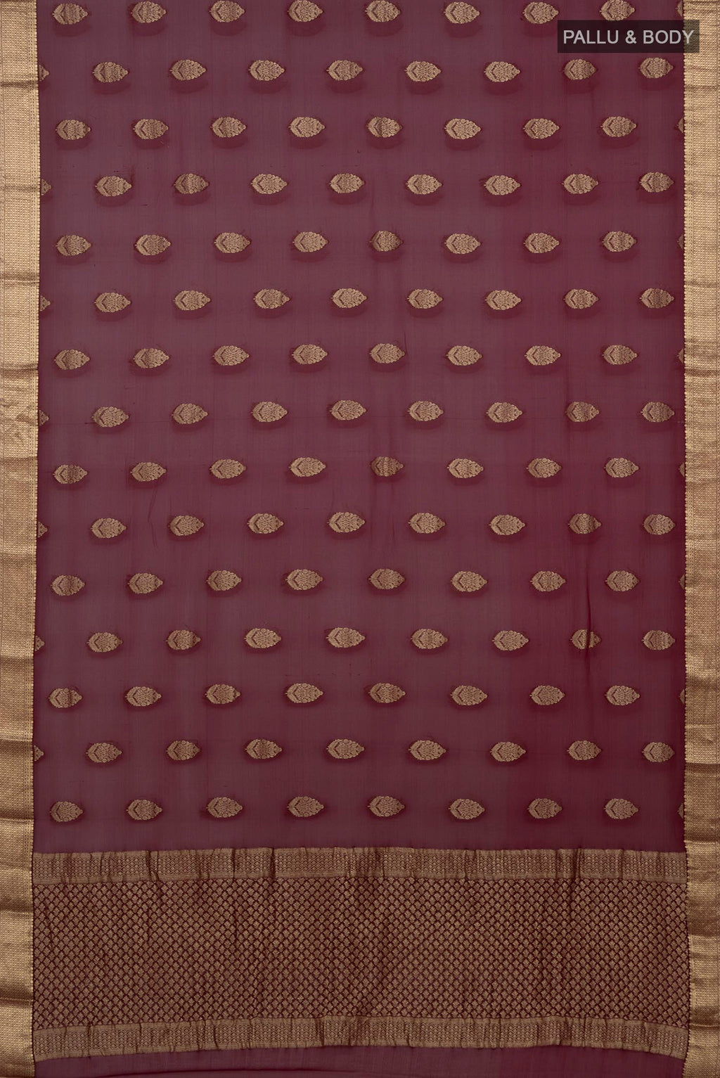 Flat view of Purple Georgette Saree with Zari Butta on the body and Zari Border. 
