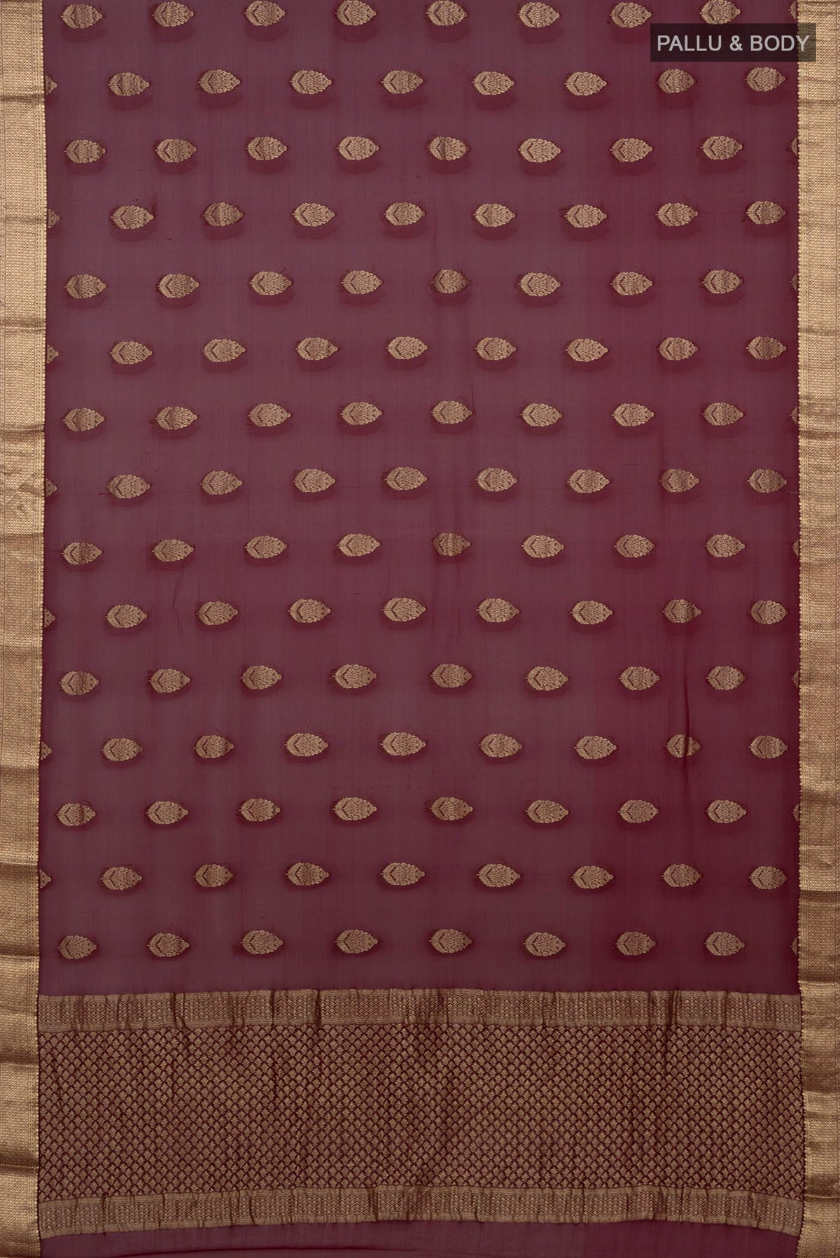 Flat view of Purple Georgette Saree with Zari Butta on the body and Zari Border. 