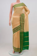 Sandal Narayanpet Silk Saree with Plain Body and Thin Zari Line.  displayed on a mannequin