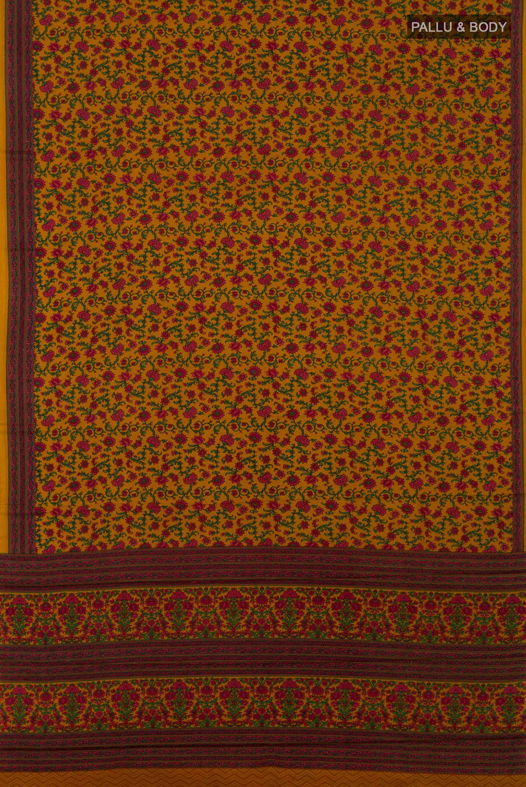 Flat view of Mustard Printed Silk Saree with Printed design on the body and Printed Border. 