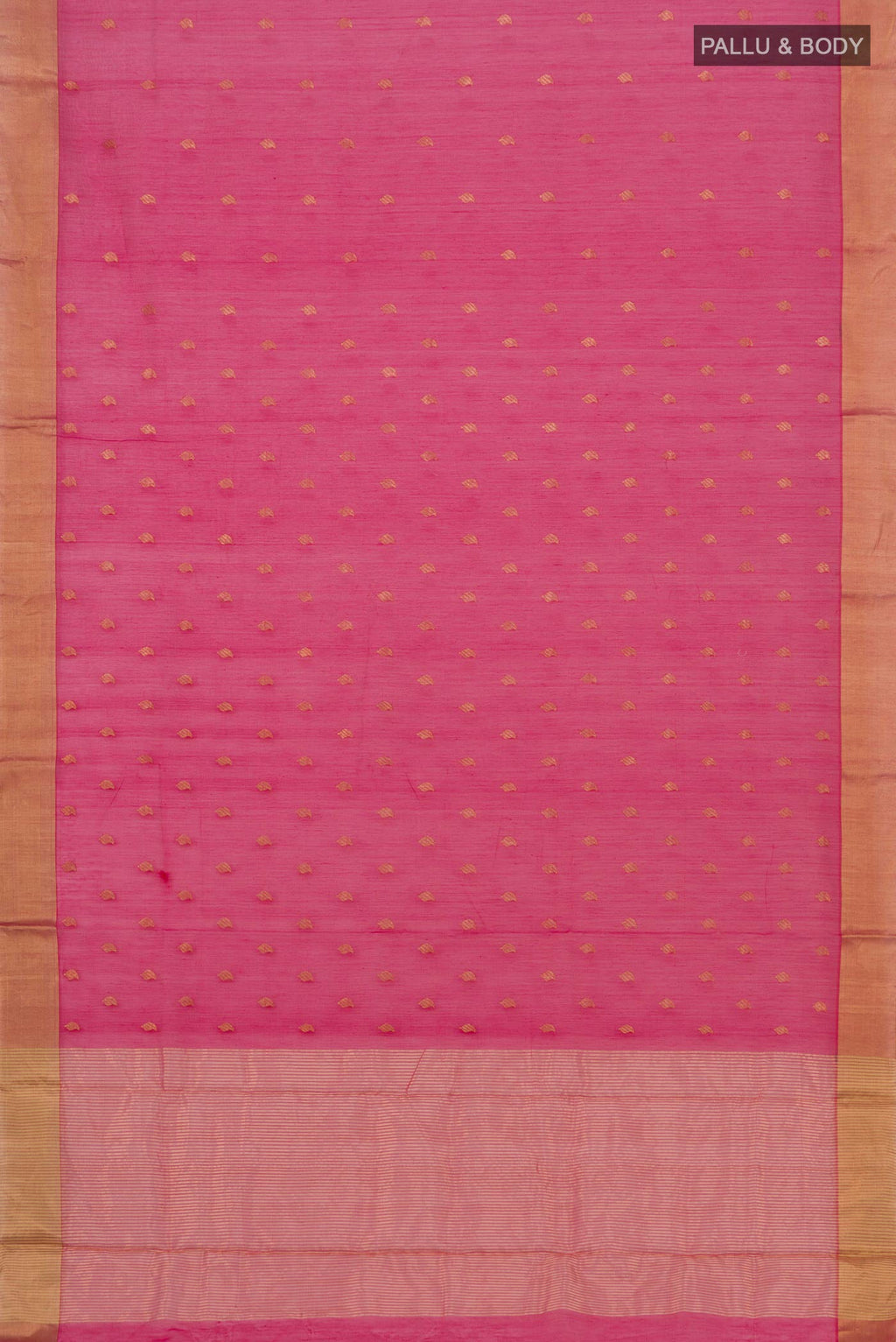 Flat view of Pink Chanderi Silk Cotton Saree with Zari Butta on the body and Zari Border. 