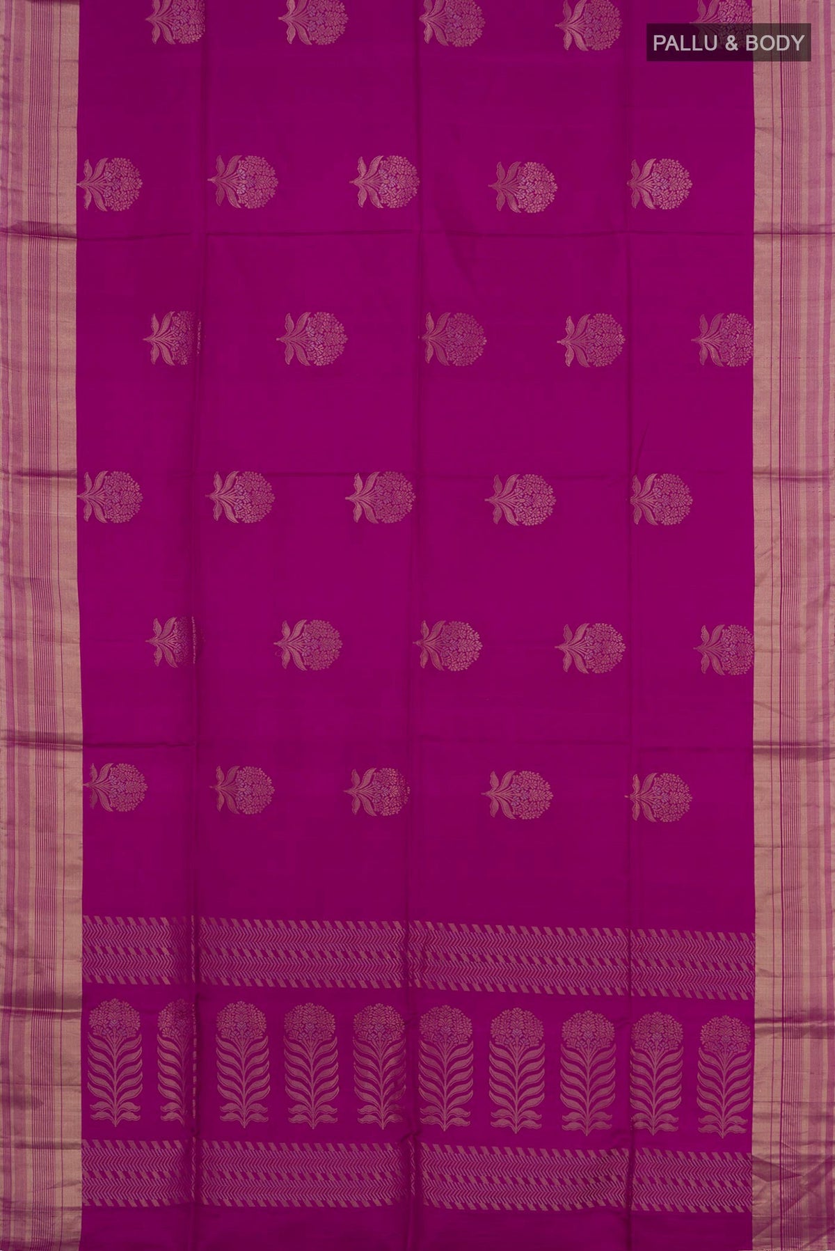 Flat view of Magenta Soft Silk Saree with Zari Butta on the body and Zari Border. 