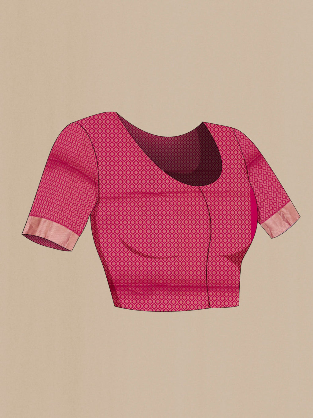 Close up image of the blouse of Pink Soft Silk Saree with Zari Butta on the body and Zari Border. 
