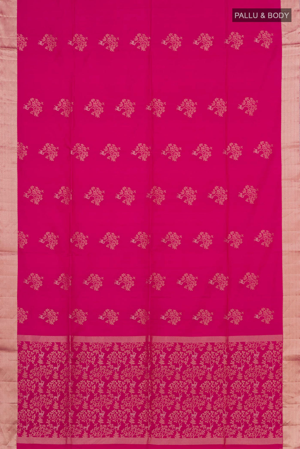 Flat view of Pink Soft Silk Saree with Zari Butta on the body and Zari Border. 