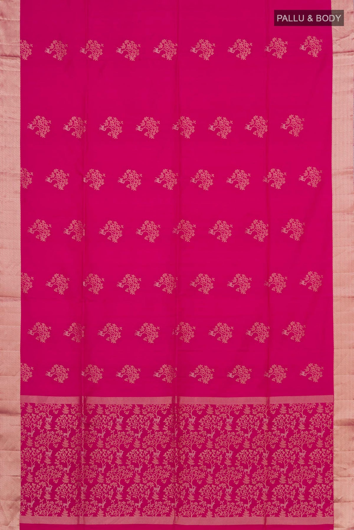 Flat view of Pink Soft Silk Saree with Zari Butta on the body and Zari Border. 