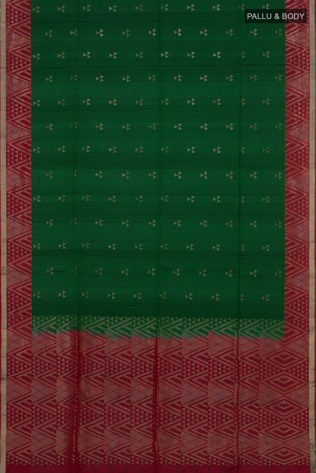 Flat view of Green Soft Silk Saree with Zari Butta on the body and Fancy Border. 