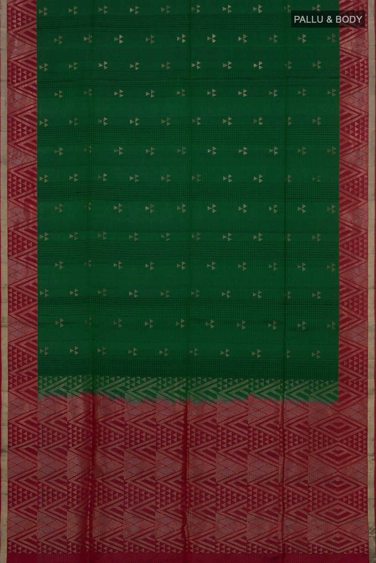 Flat view of Green Soft Silk Saree with Zari Butta on the body and Fancy Border. 