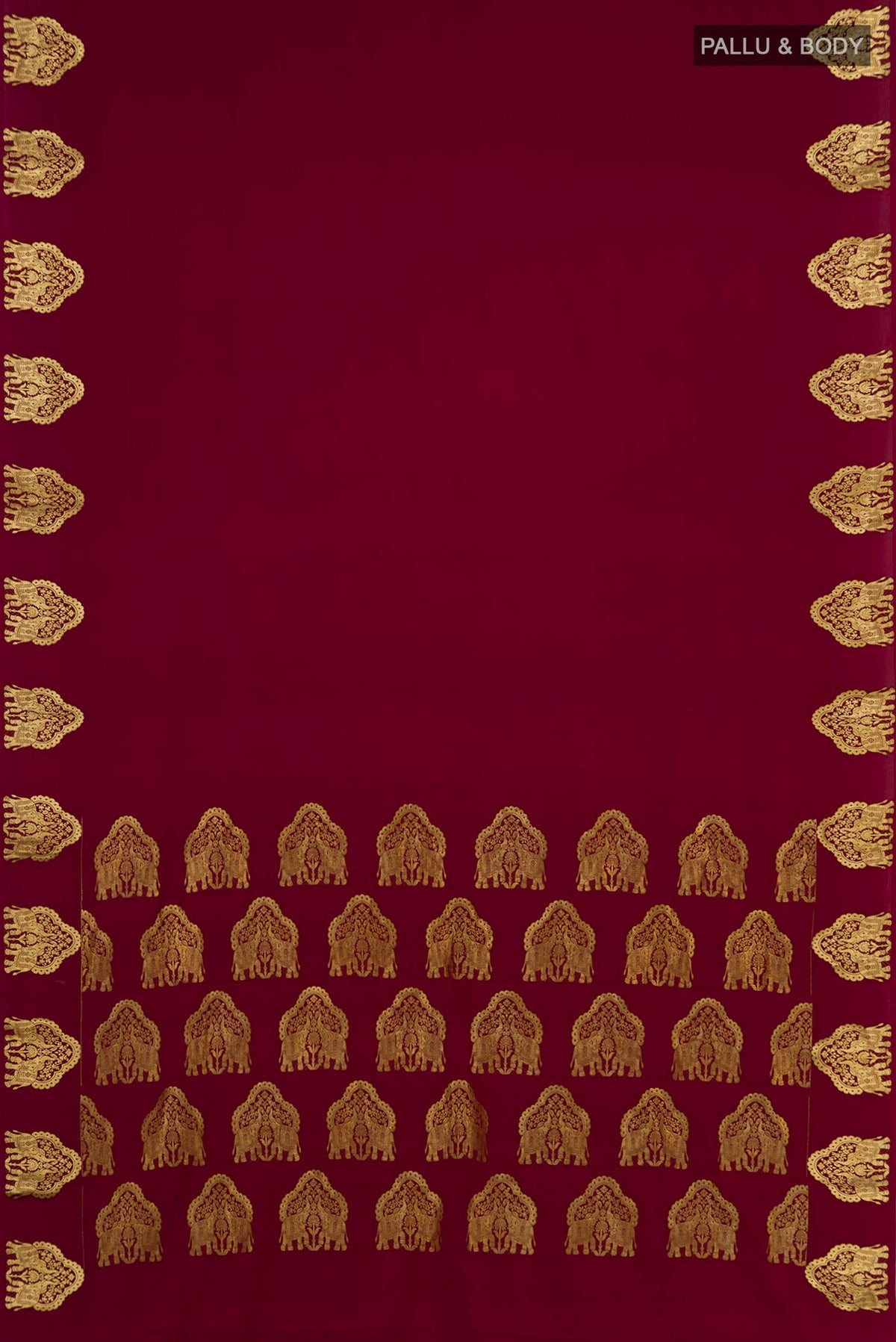 Flat view of Maroon Mysore Crepe Saree with Plain Body and Fancy Border. 