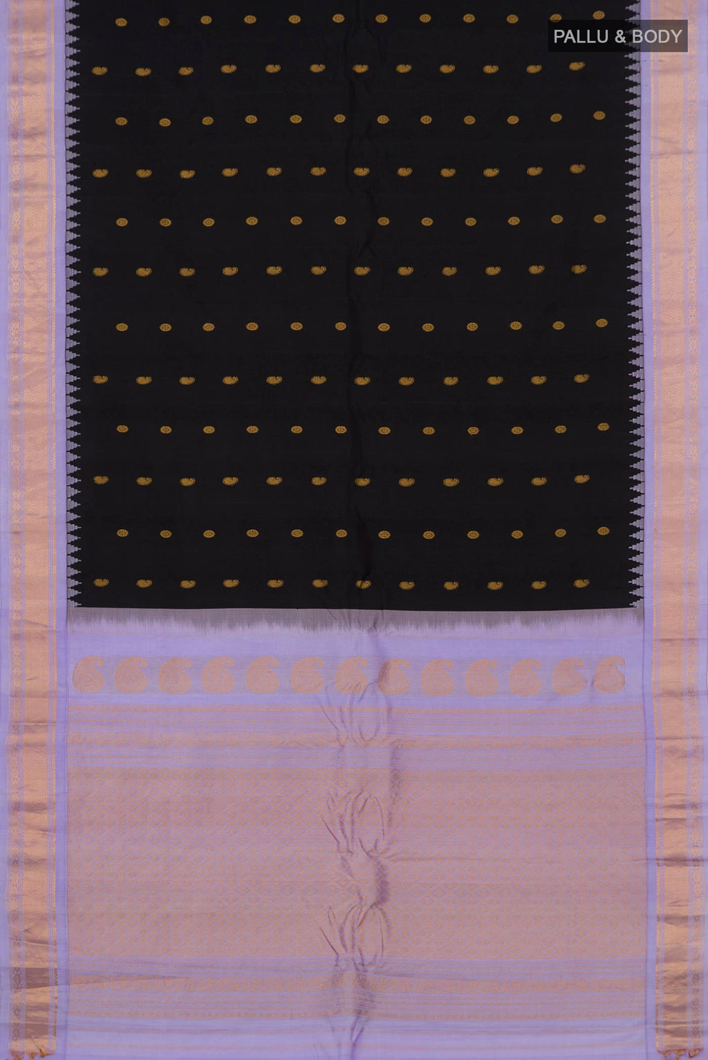 Flat view of Black Gadwal Silk Saree with Zari Butta on the body and Zari Border. 
