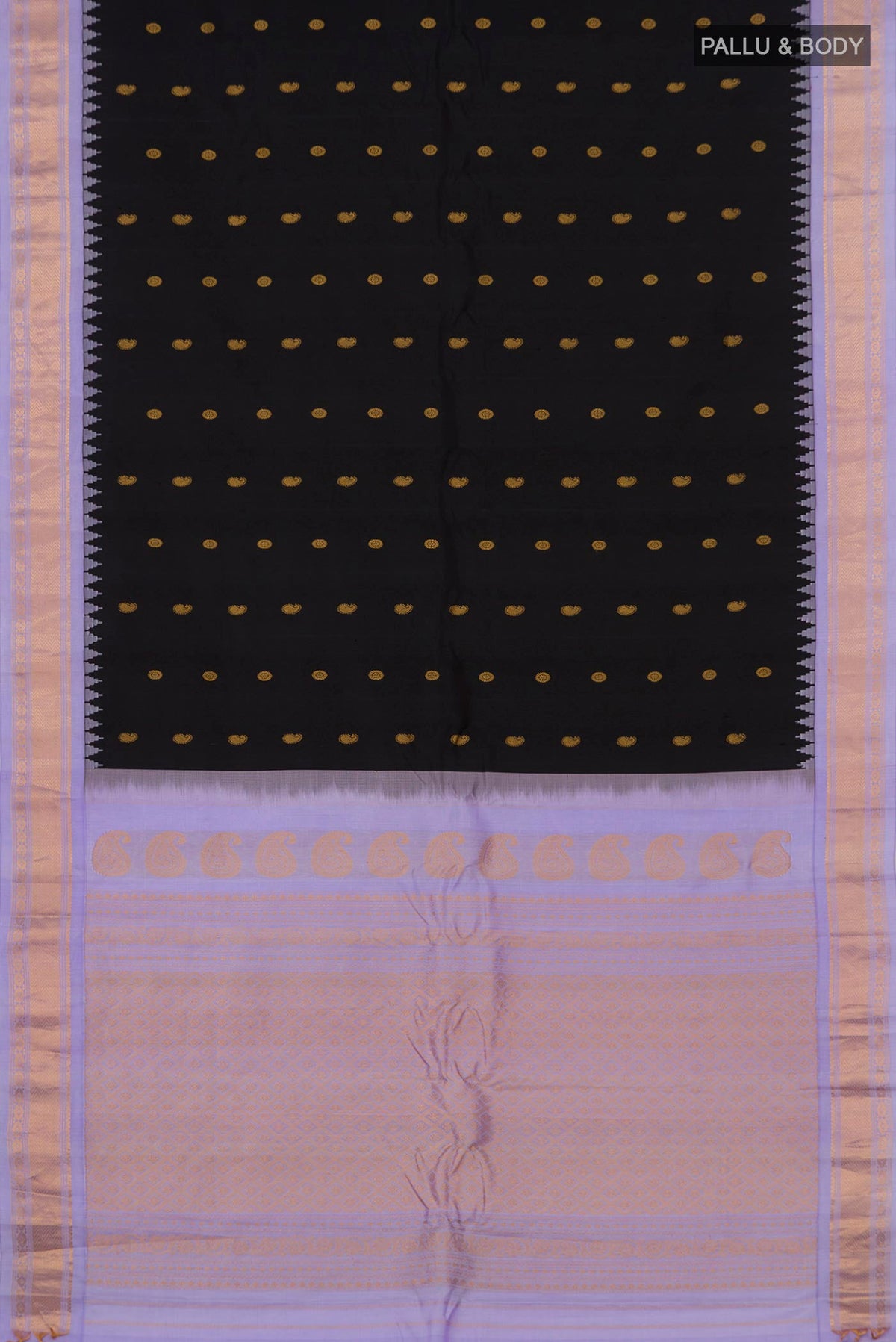 Flat view of Black Gadwal Silk Saree with Zari Butta on the body and Zari Border. 