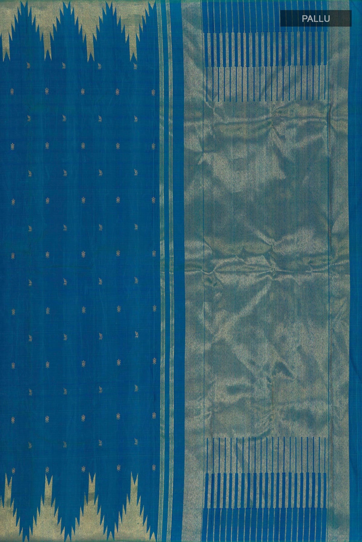 Close up image of the pallu of Pure Silk Pure Zari Peacock Blue Kanchipuram Saree with Zari Butta on the body and Temple Border. 