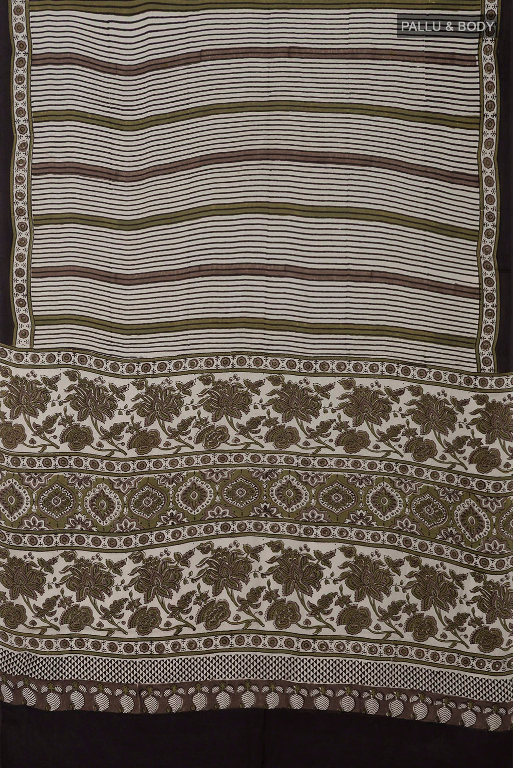 Flat view of Cream Blended Satin Silk Saree with Ajrakh Print on the body and Printed Border. 