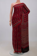 Maroon Blended Satin Silk Saree with Ajrakh Print on the body and Printed Border.  displayed on a mannequin