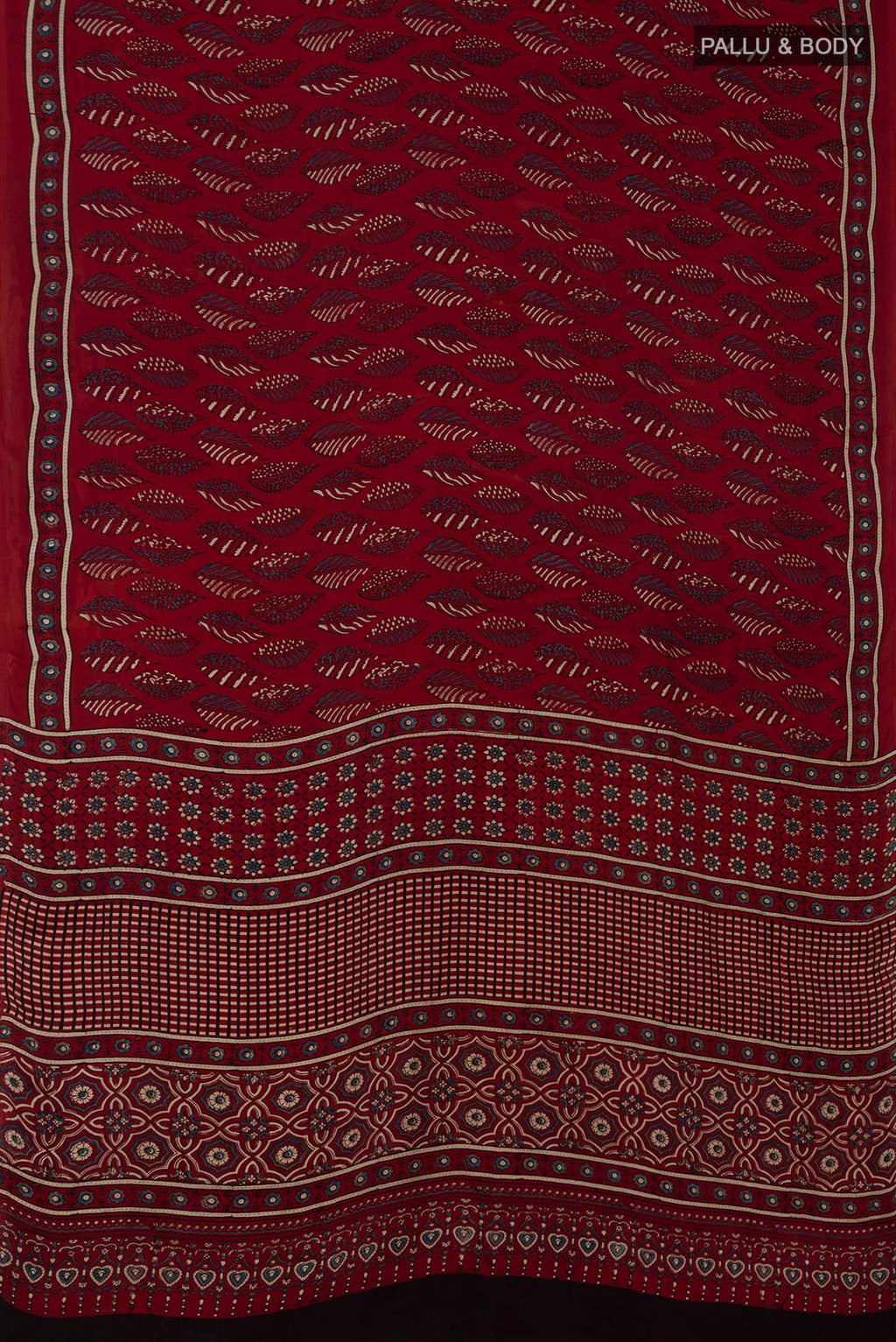 Flat view of Maroon Blended Satin Silk Saree with Ajrakh Print on the body and Printed Border. 