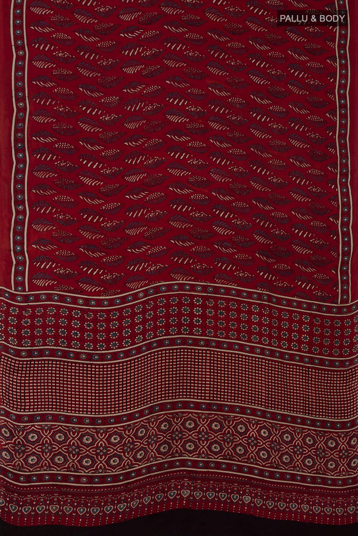 Flat view of Maroon Blended Satin Silk Saree with Ajrakh Print on the body and Printed Border. 