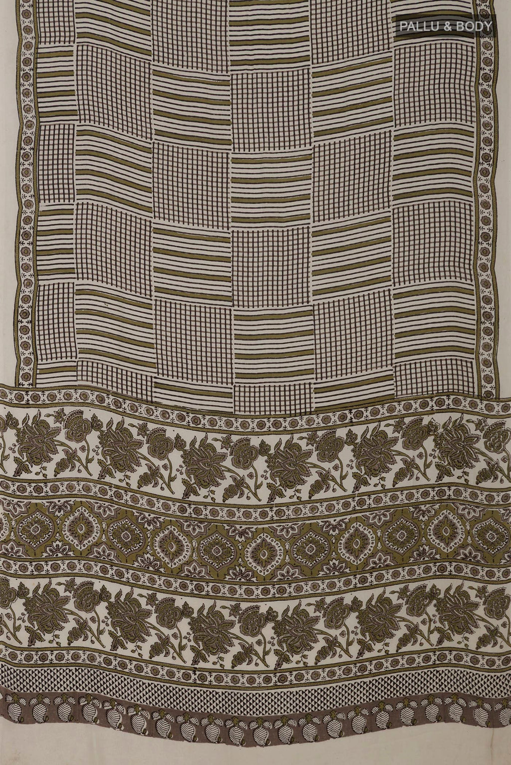 Flat view of Cream Blended Satin Silk Saree with Ajrakh Print on the body and Printed Border. 