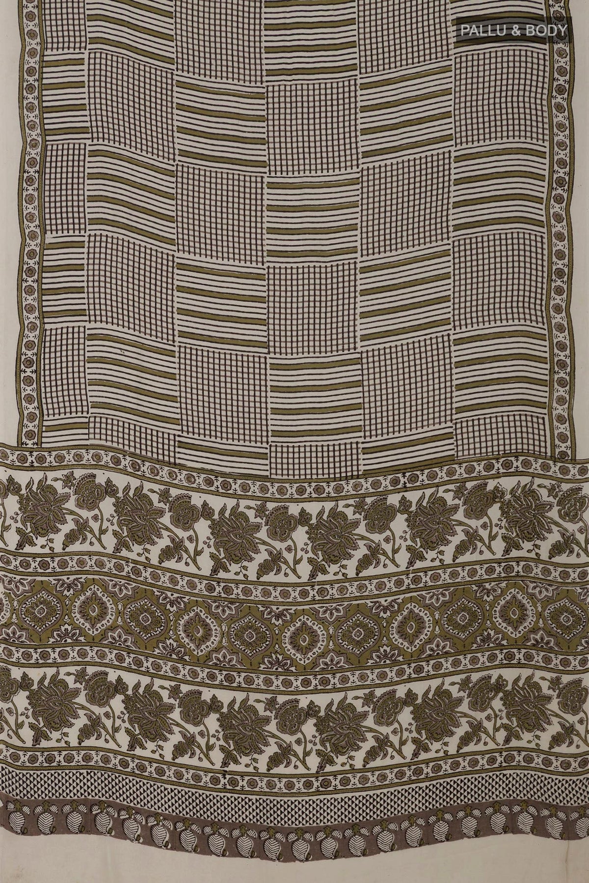 Flat view of Cream Blended Satin Silk Saree with Ajrakh Print on the body and Printed Border. 