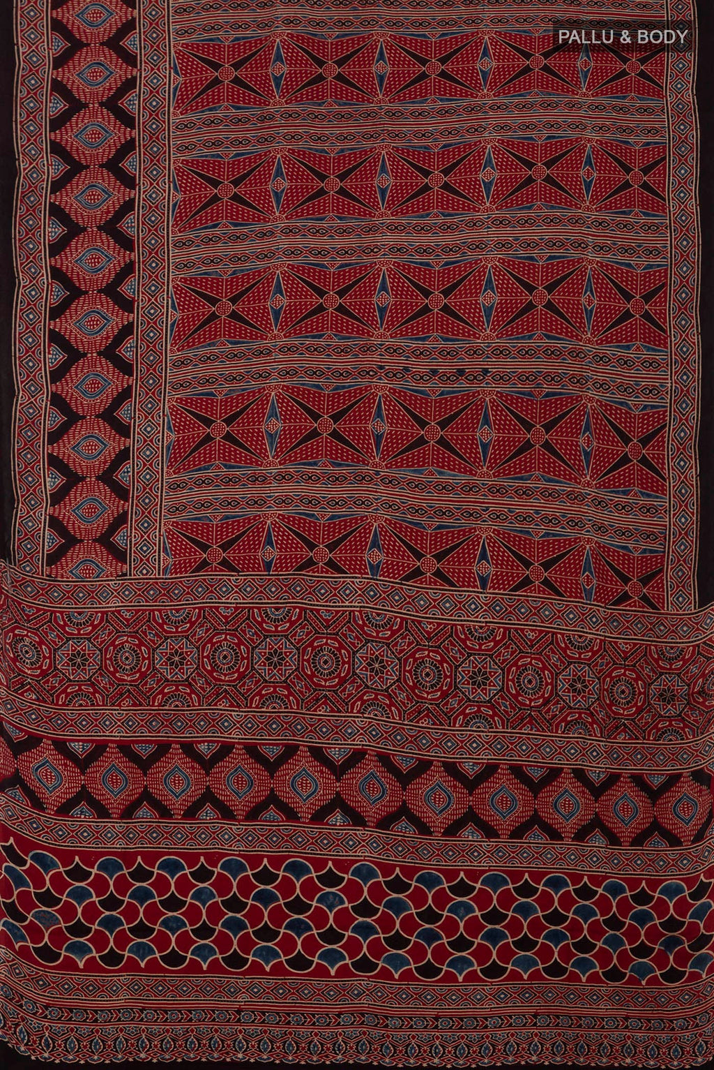 Flat view of Maroon Blended Satin Silk Saree with Ajrakh Print on the body and Printed Border. 