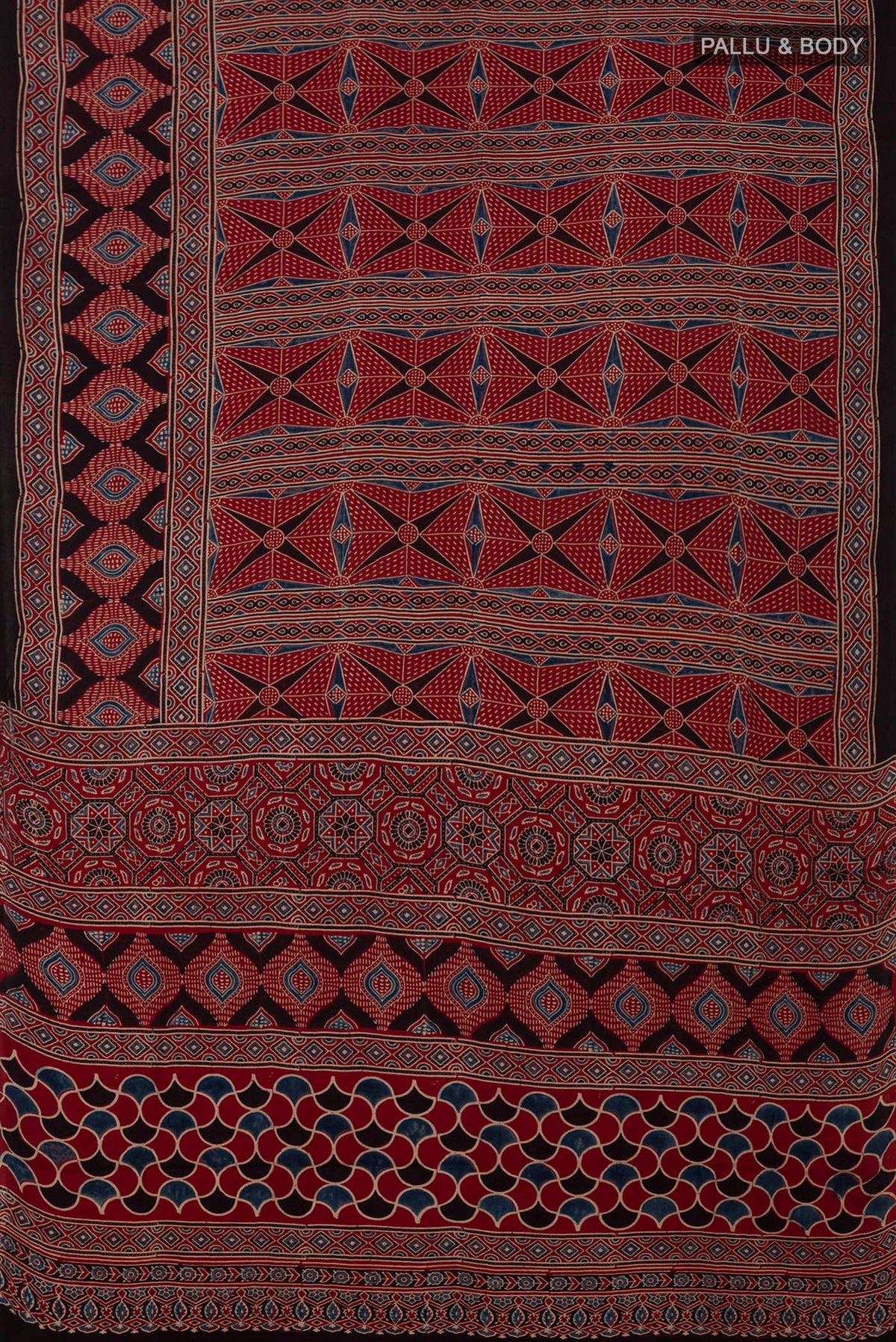 Flat view of Maroon Blended Satin Silk Saree with Ajrakh Print on the body and Printed Border. 