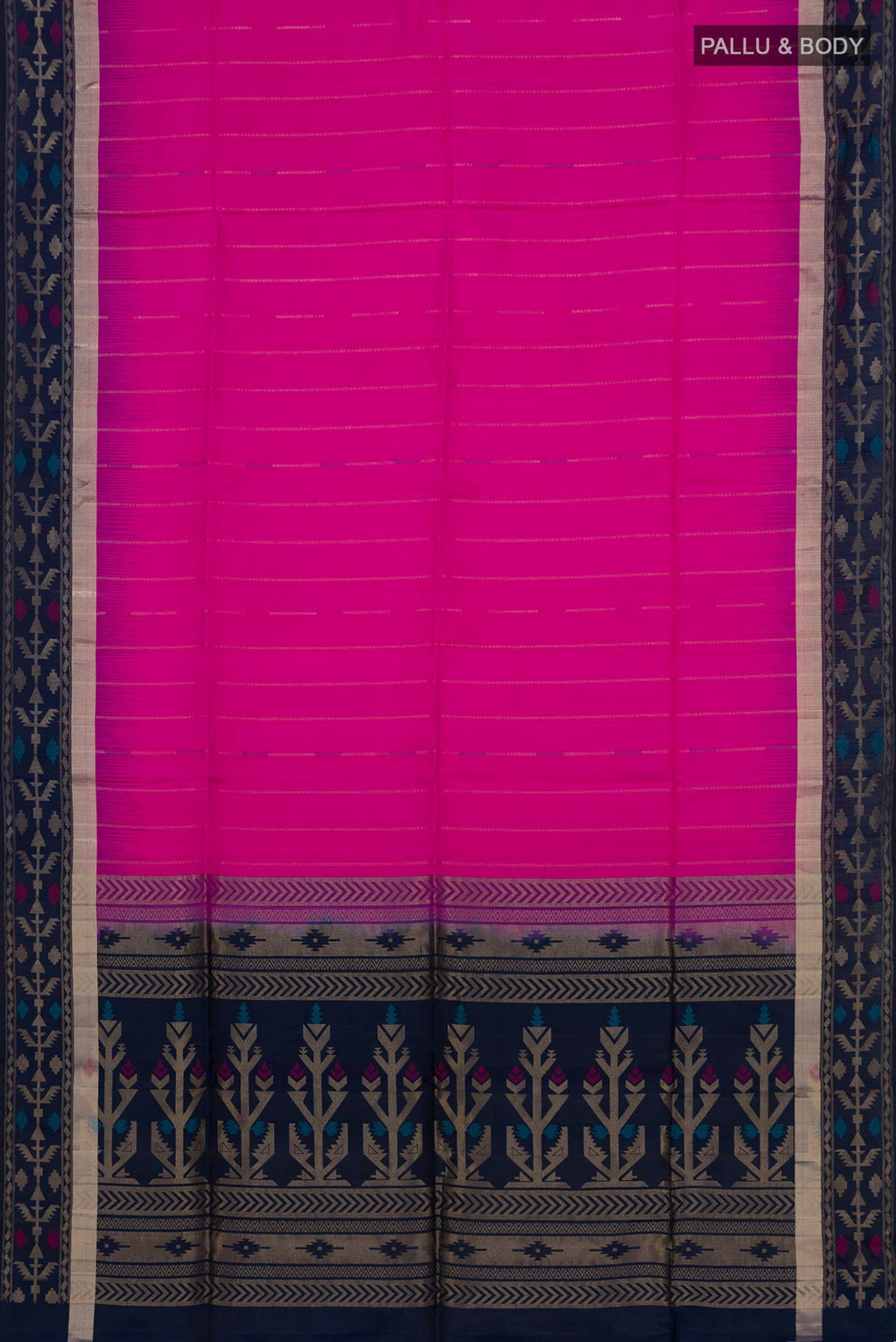 Flat view of Pink Soft Silk Saree with Zari Butta on the body and Thin Zari Line. 