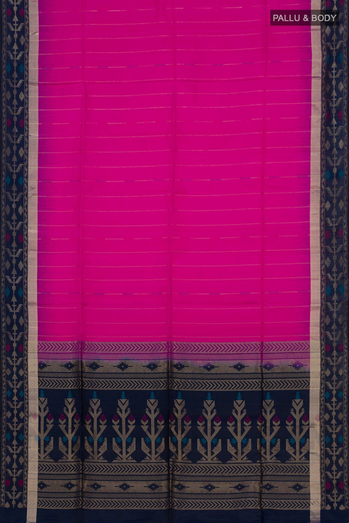 Flat view of Pink Soft Silk Saree with Zari Butta on the body and Thin Zari Line. 