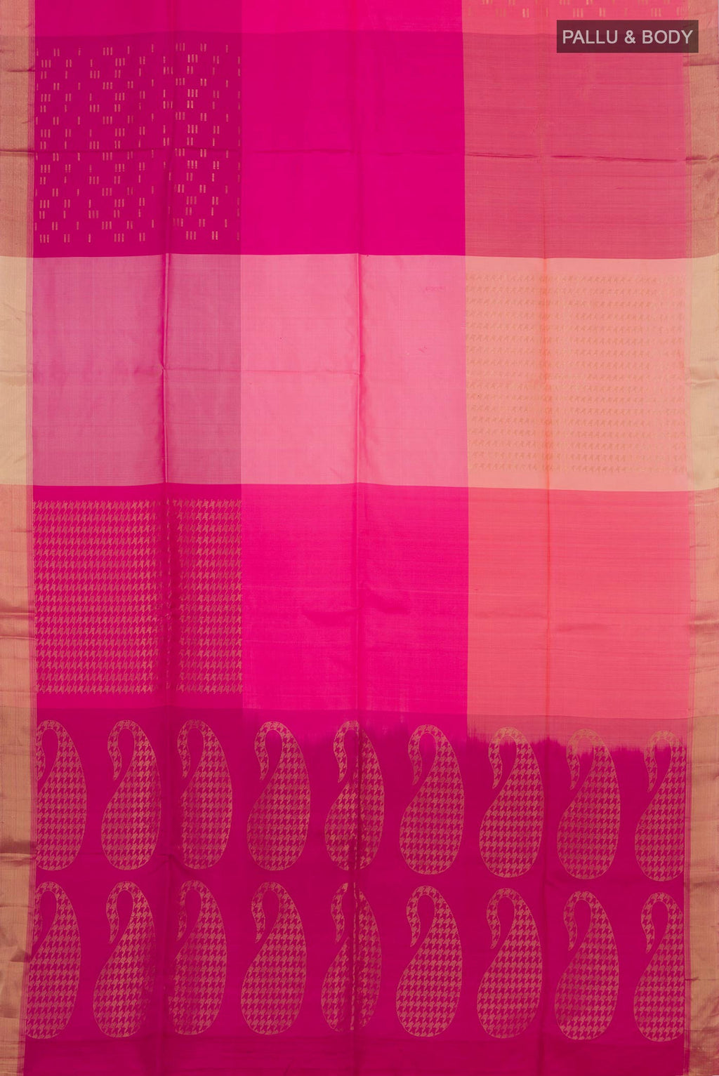 Flat view of Pink Soft Silk Saree with Checked design on the body and Zari Border. 