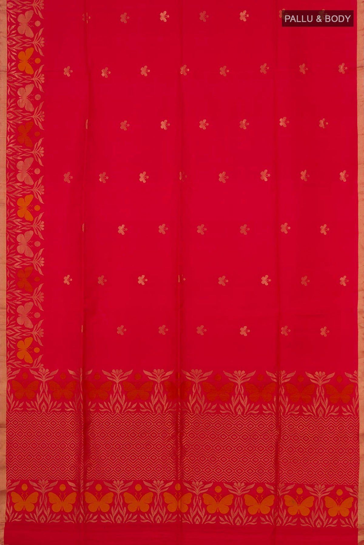 Flat view of Red Soft Silk Saree with Zari Butta on the body and Fancy Border. 