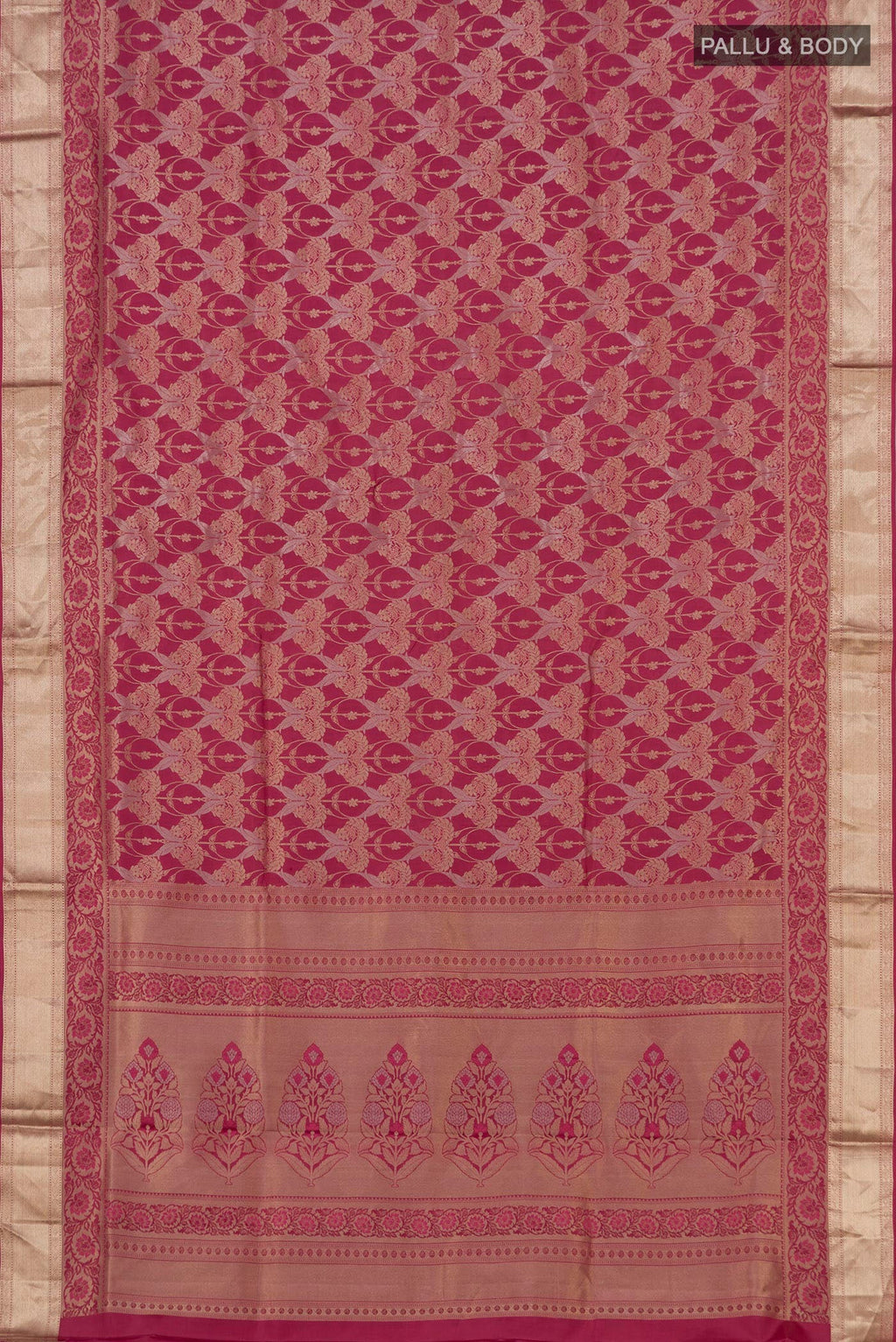 Flat view of Pink Soft Silk Saree with Zari Brocade on the body and Zari Border. 