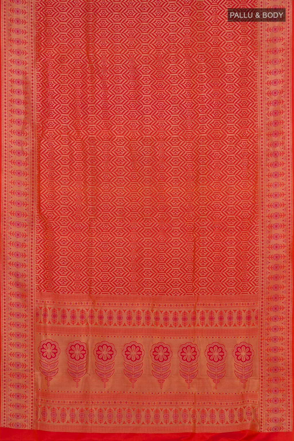 Flat view of Orange Soft Silk Saree with Zari Brocade on the body and Fancy Border. 