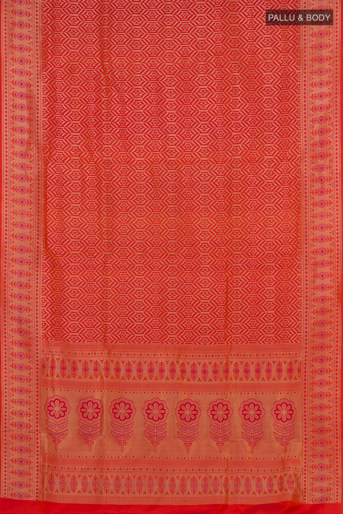 Flat view of Orange Soft Silk Saree with Zari Brocade on the body and Fancy Border. 