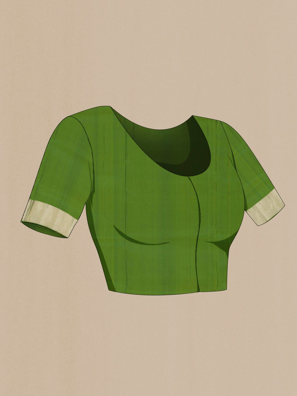 Close up image of the blouse of Green Soft Silk Saree with Zari Brocade on the body and Zari Border. 