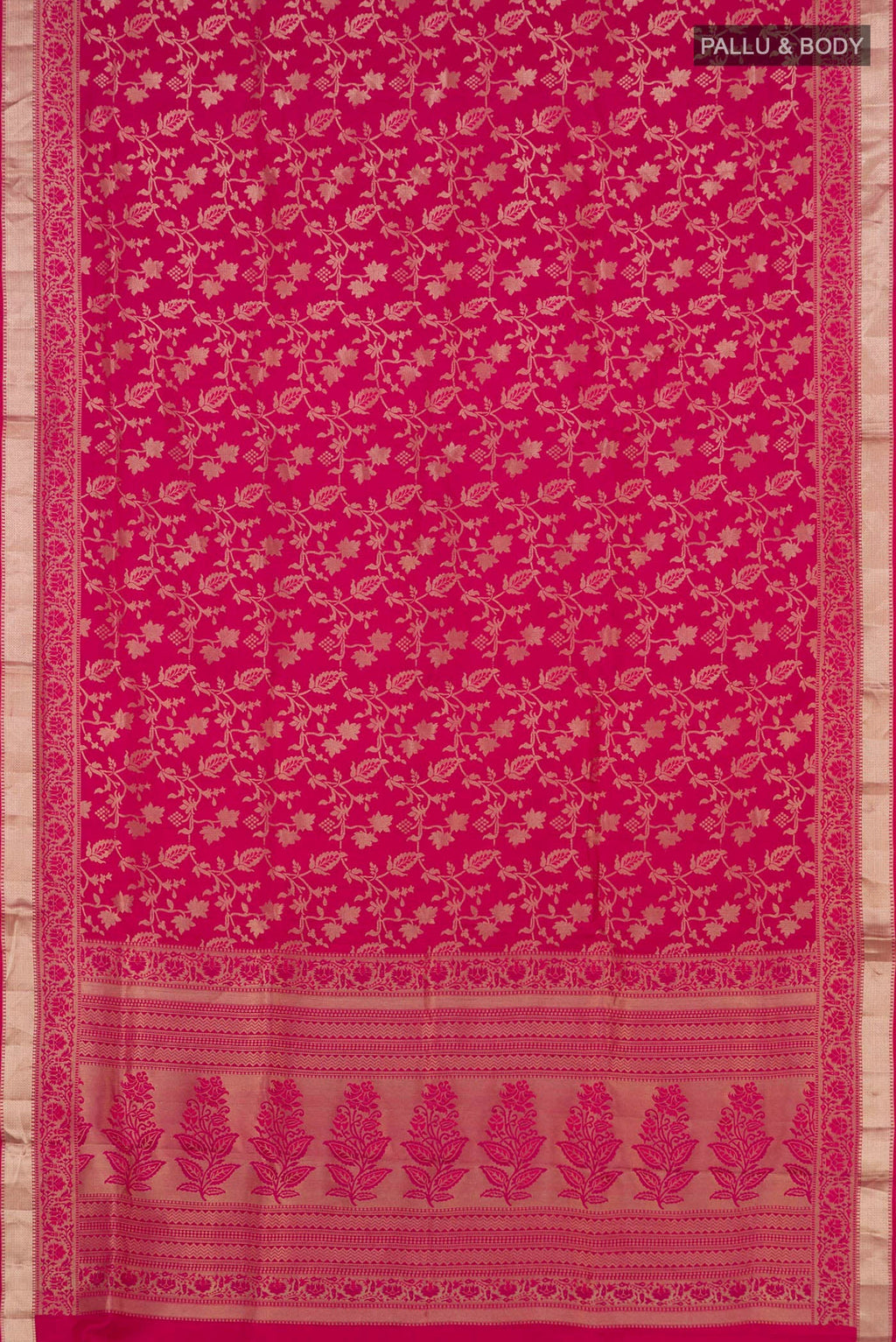Flat view of Pink Soft Silk Saree with Zari Brocade on the body and Zari Border. 
