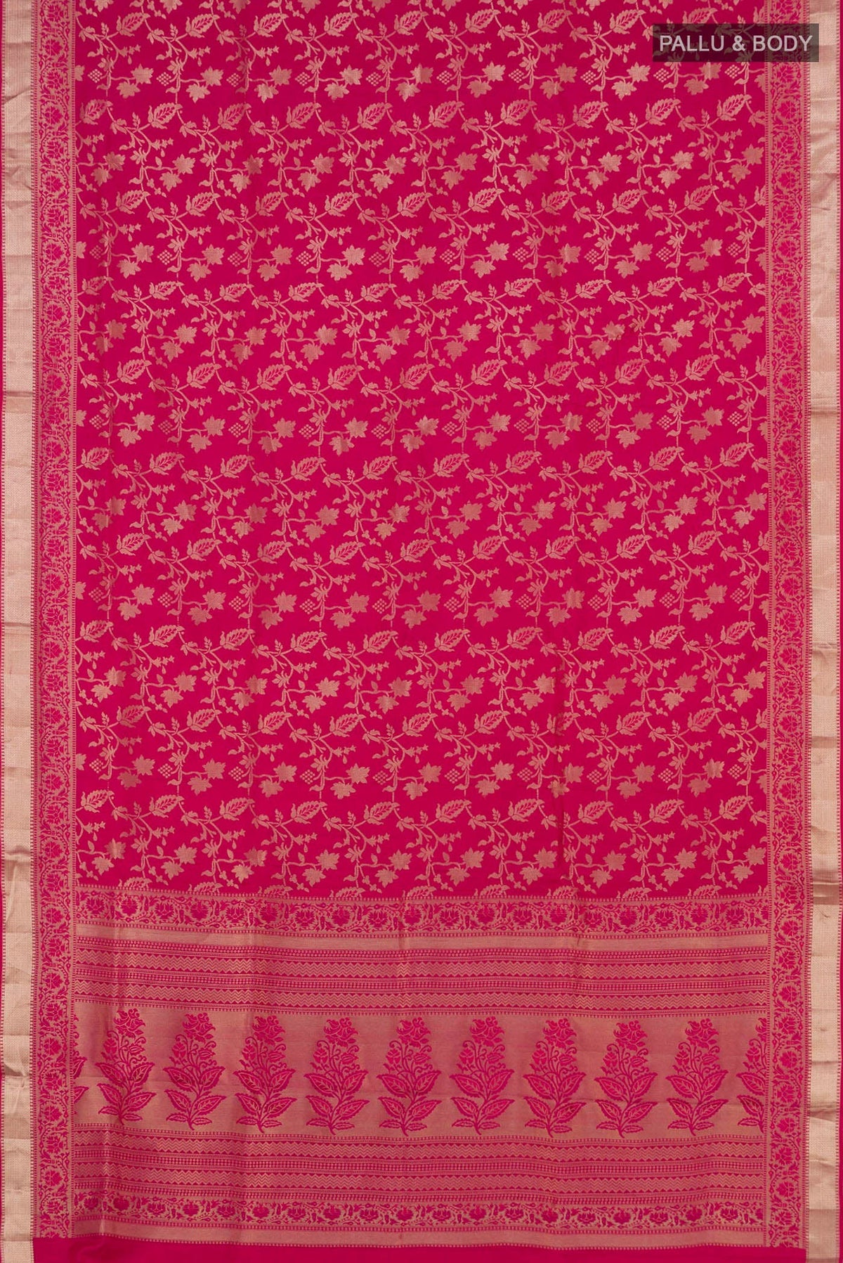 Flat view of Pink Soft Silk Saree with Zari Brocade on the body and Zari Border. 