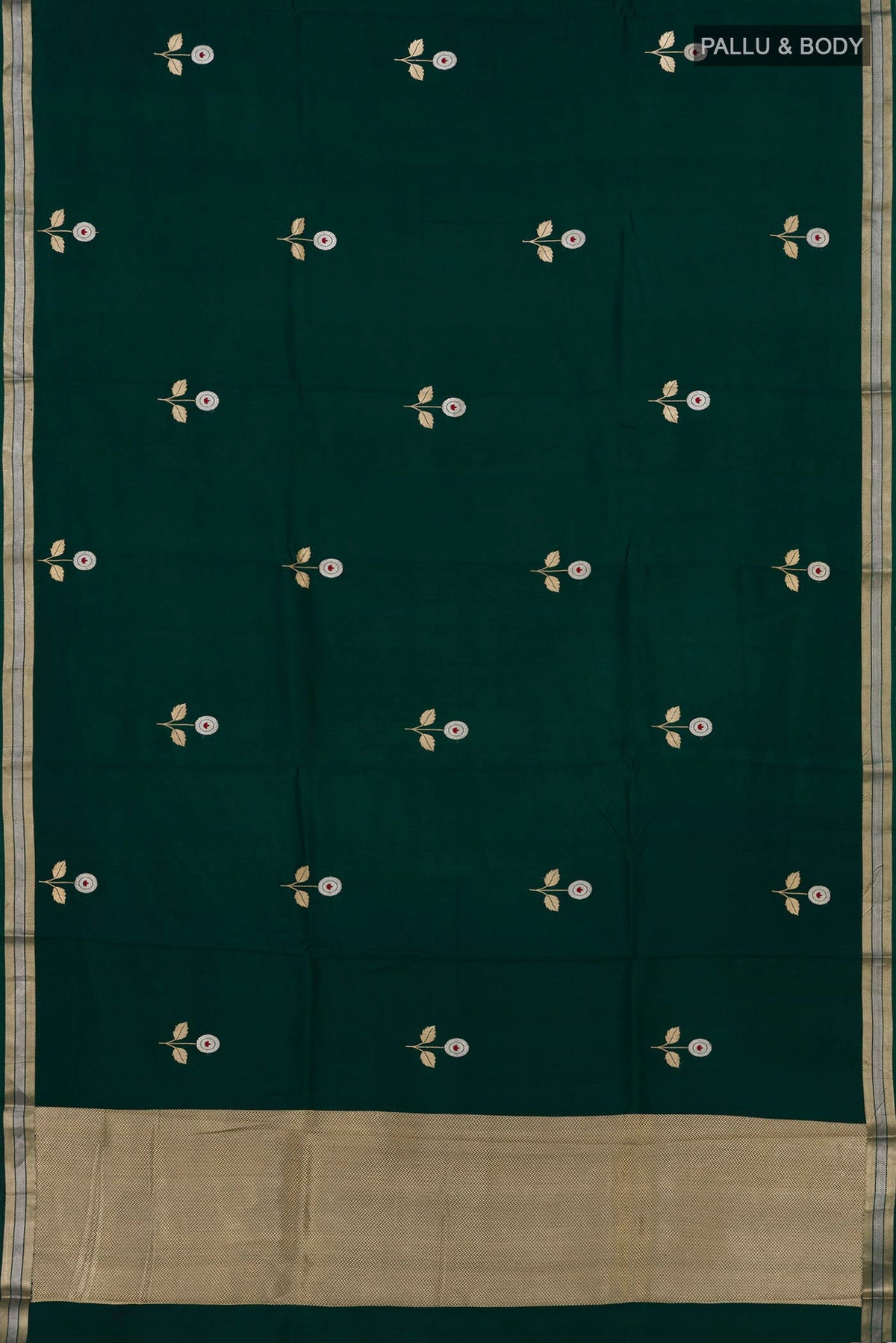 Flat view of Bottle Green Banarasi Katan Silk Saree with Zari Butta on the body and Zari Border. 