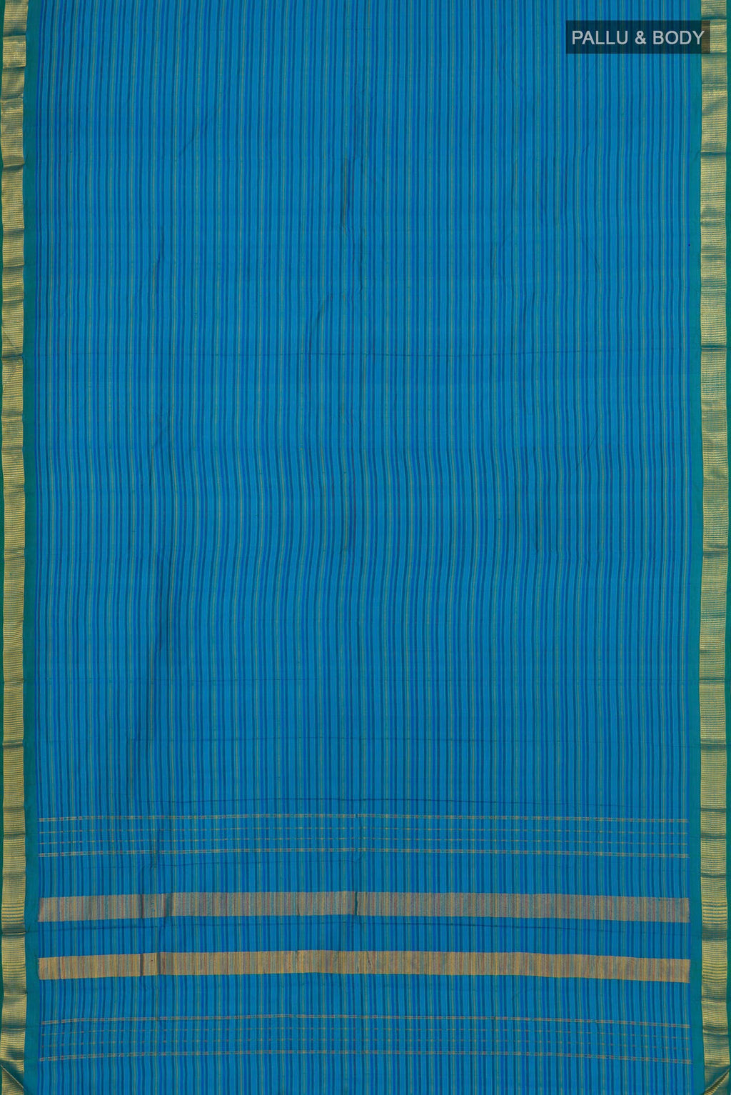 Flat view of Blue Kanjivaram Saree with Stripes on the body and Zari Border. 