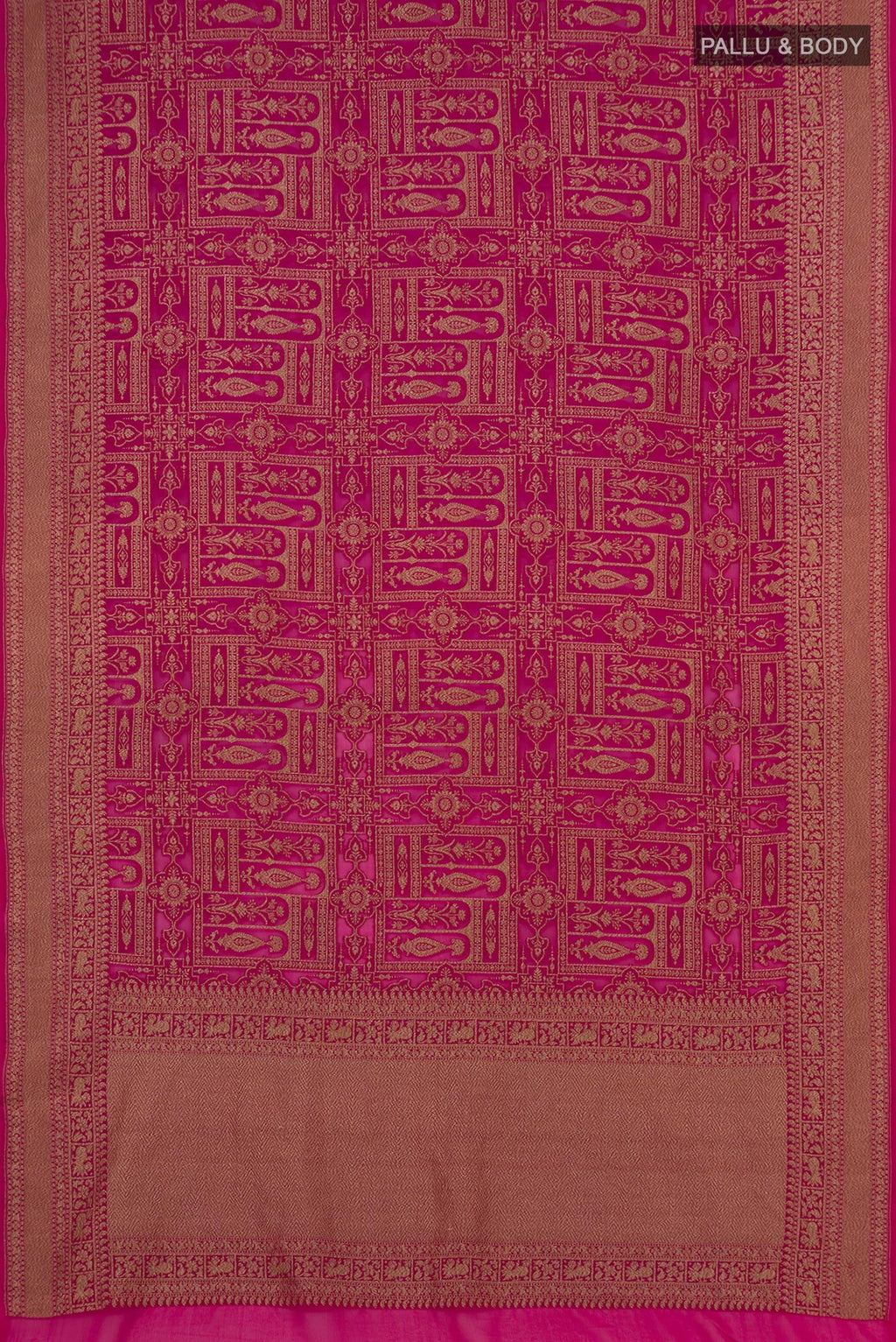 Flat view of Pink Georgette Saree with Fancy on the body and Zari Border. 