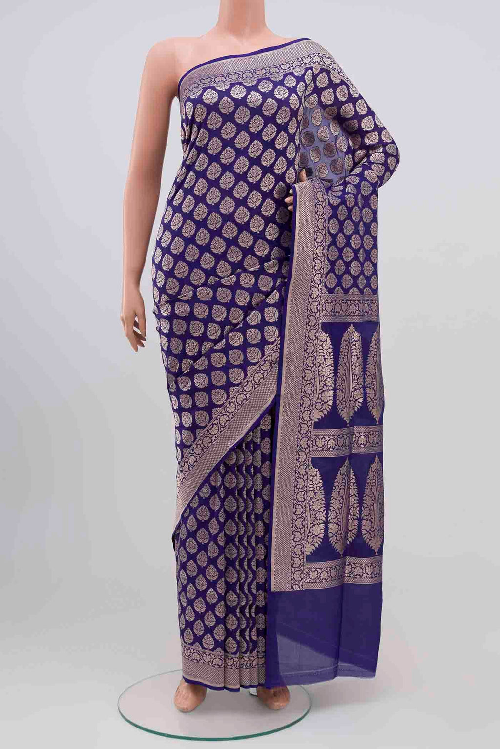 Royal Blue Banarasi Silk Saree with Zari Brocade on the body and Zari Border.  displayed on a mannequin