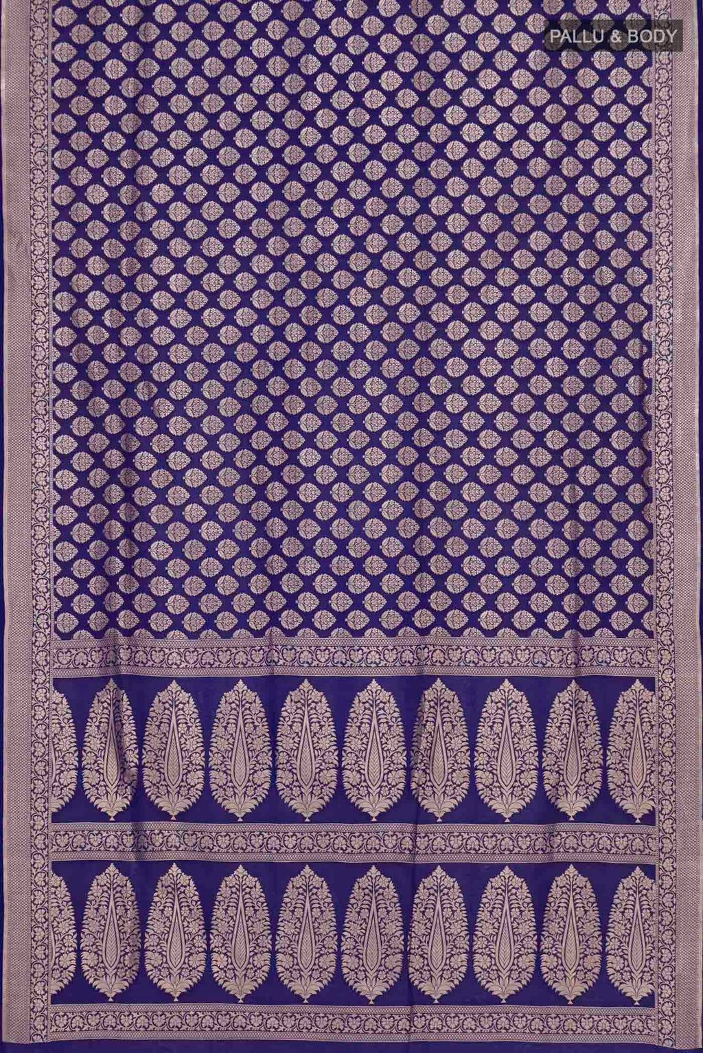 Flat view of Royal Blue Banarasi Silk Saree with Zari Brocade on the body and Zari Border. 