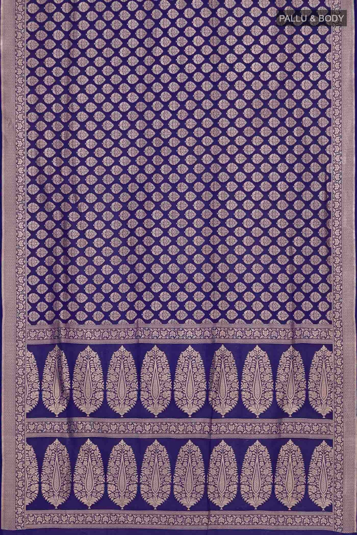 Flat view of Royal Blue Banarasi Silk Saree with Zari Brocade on the body and Zari Border. 