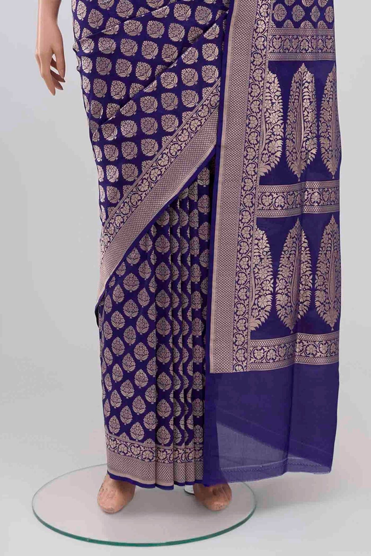 Pleats and pallu of Royal Blue Banarasi Silk Saree with Zari Brocade on the body and Zari Border. 
