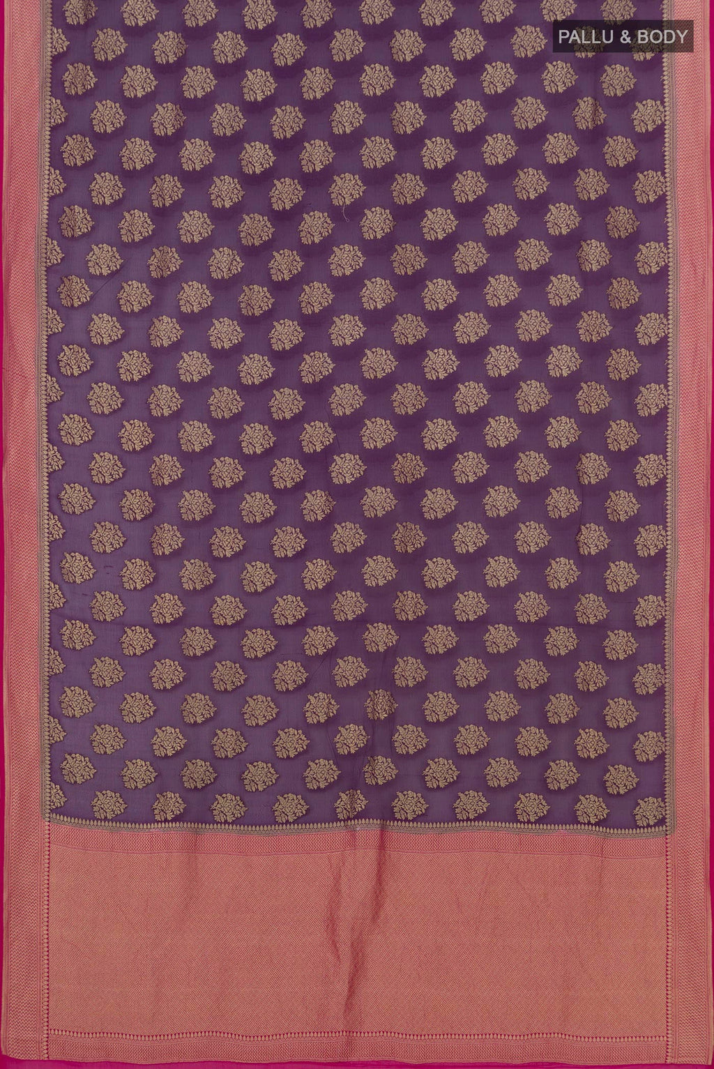 Flat view of Purple Banarasi Georgette Saree with Fancy on the body and Zari Border. 