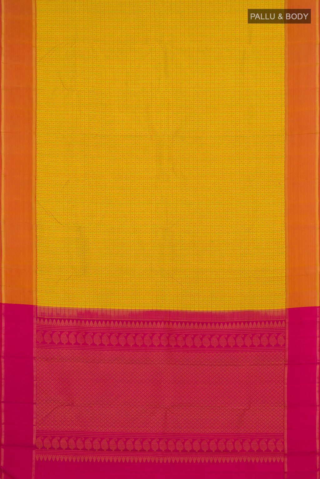 Flat view of Pure Silk Pure Zari Yellow Kanchipuram Saree with Checked design on the body and Thin Zari Line. 