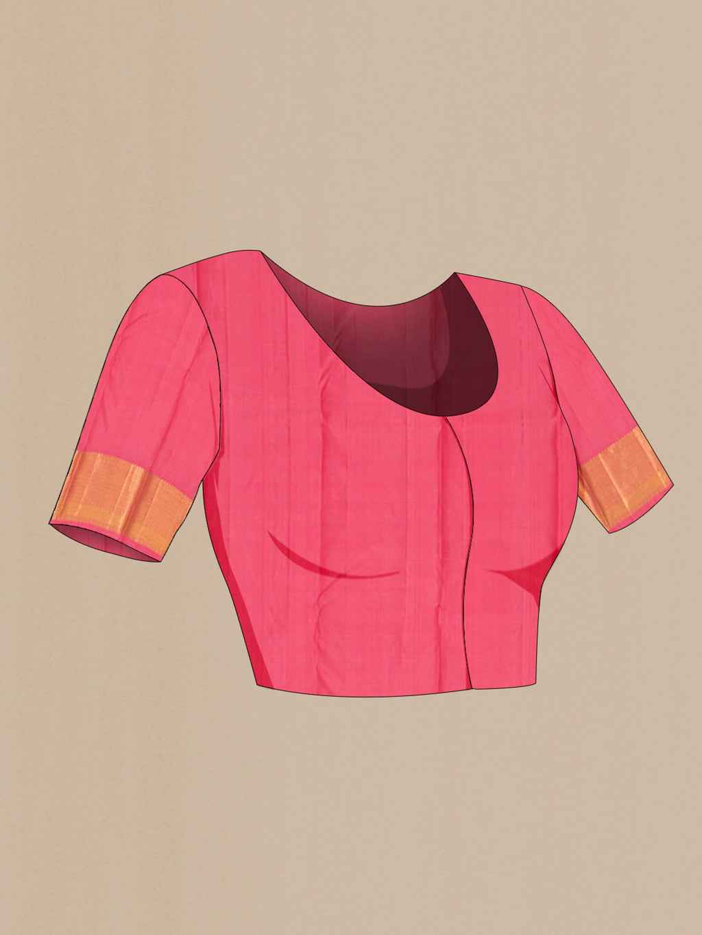 Close up image of the blouse of Peach Kanjivaram Silk Saree with Jacquard With Zari Butta on the body and Zari Border. 