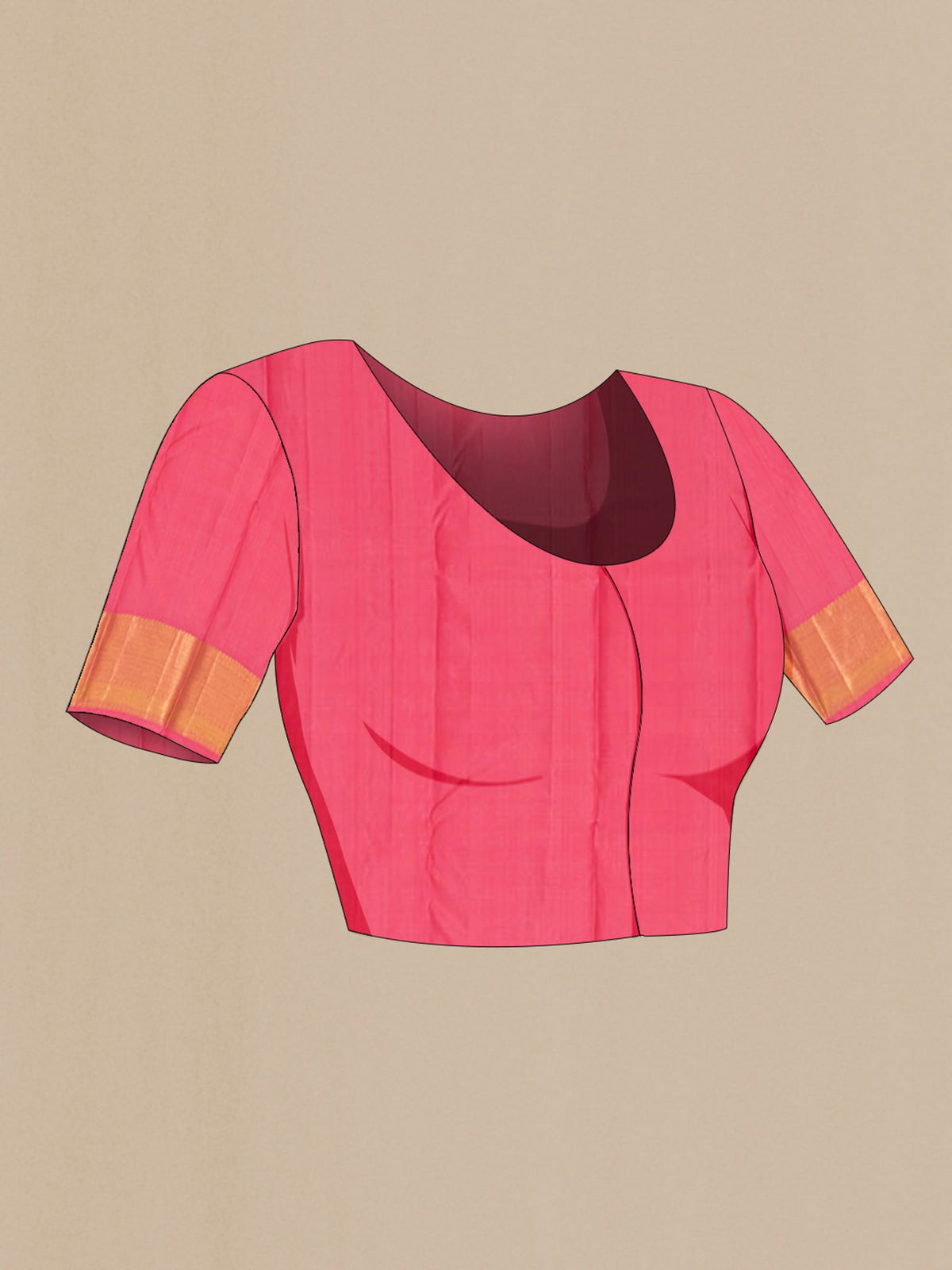 Close up image of the blouse of Peach Kanjivaram Silk Saree with Jacquard With Zari Butta on the body and Zari Border. 