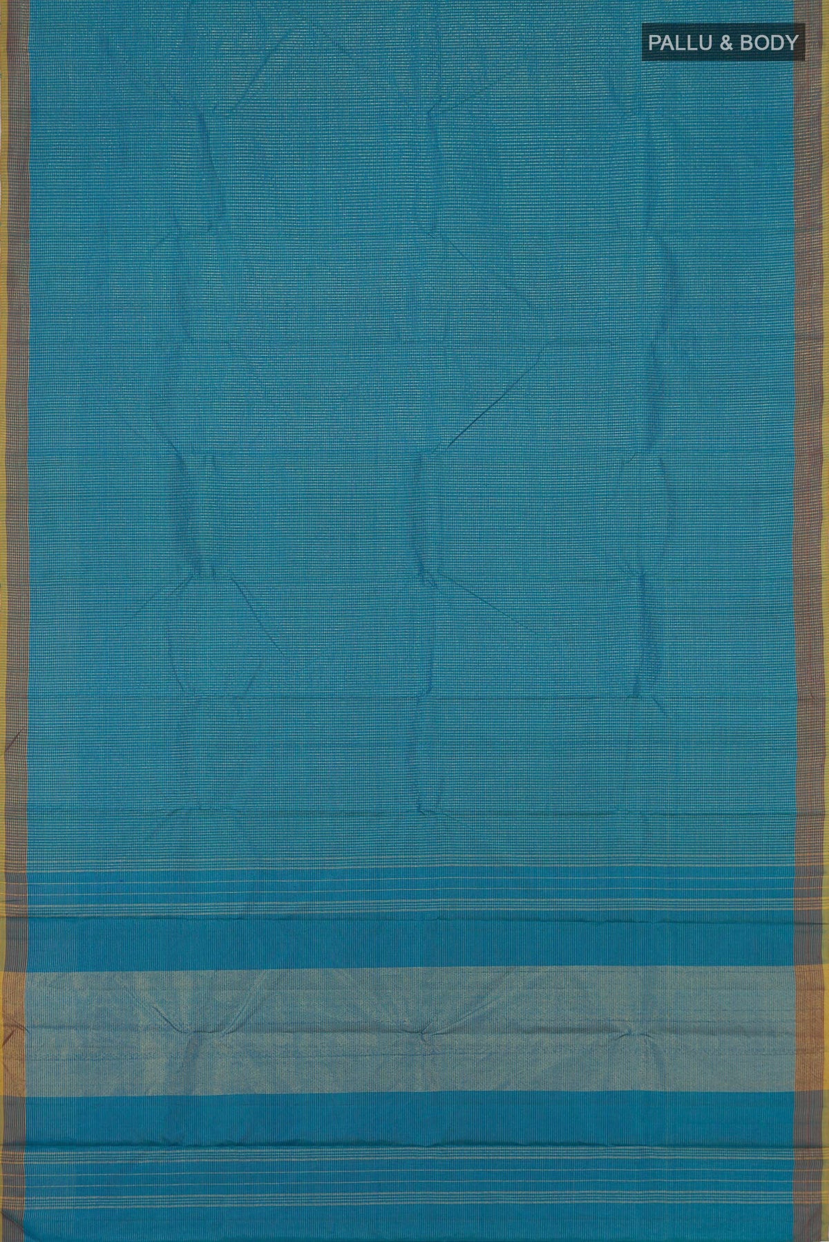 Flat view of Blue Kanchipuram Silk Saree with Checked design on the body and Zari Border. 
