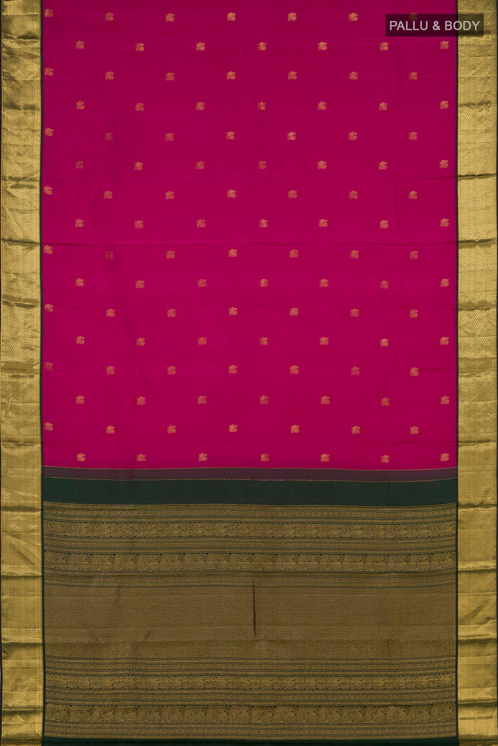 Flat view of Dark Pink Kanchipuram Silk Saree with Zari Butta on the body and Zari Border. 